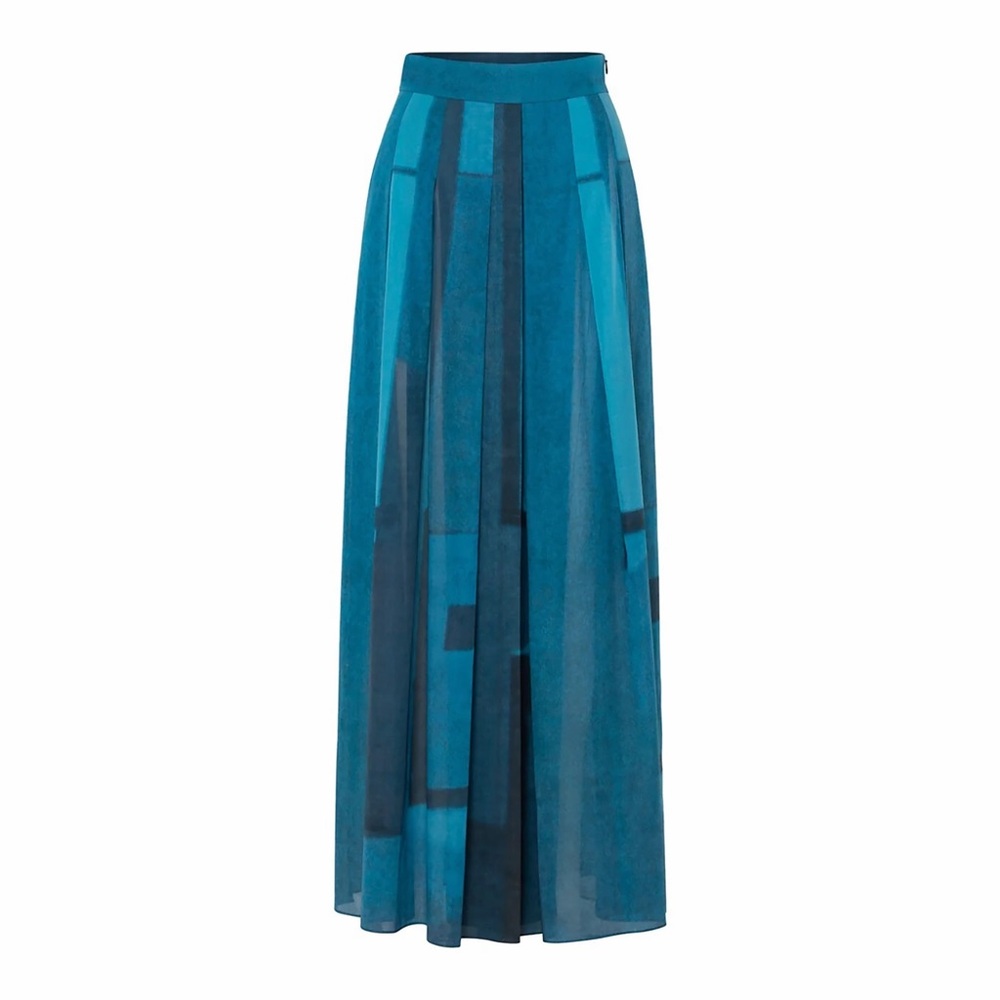 Akris Window Pane Stripe Print Pleated Maxi Skirt Blue Lines Squares Cotton 8